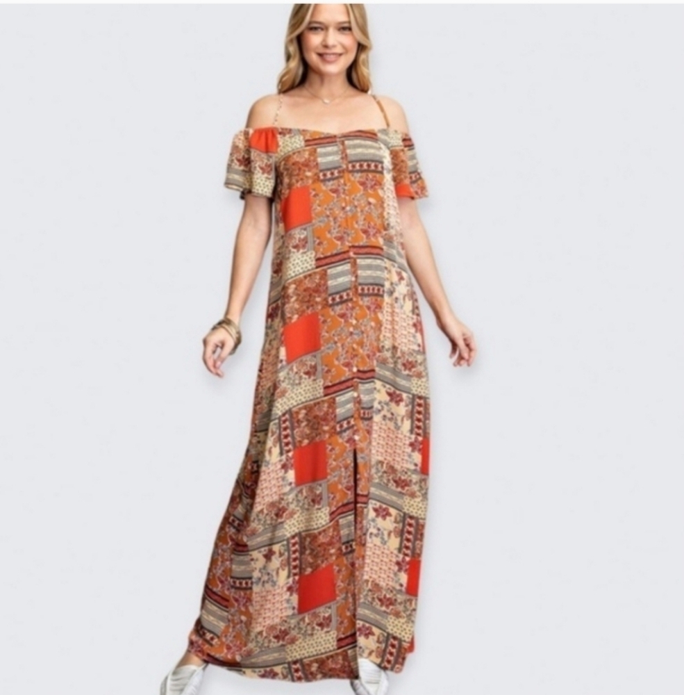 Easel Patchwork Design Cold Shoulder Button Down … - image 1